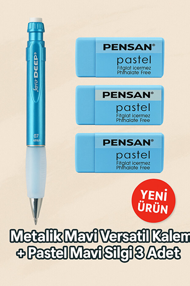 Metallic Blue 0.7 Versatil Pen + Pastel Blue Eraser Set of 3