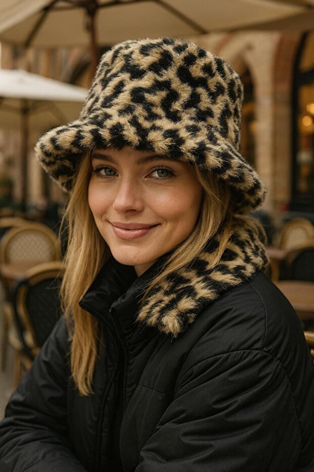 Black Leopard Patterned Soft Textured Plush Bucket Women's Hat