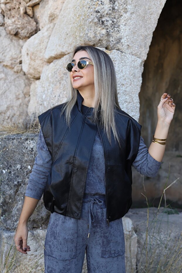 Black Leather Bomber Vest