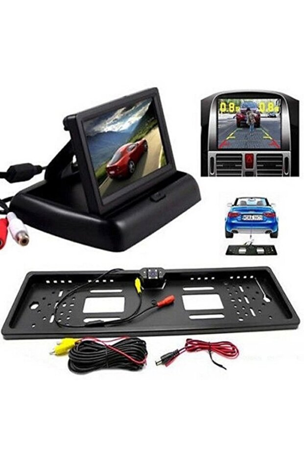 License plate holder set with reversing camera and foldable TFT monitor - 1