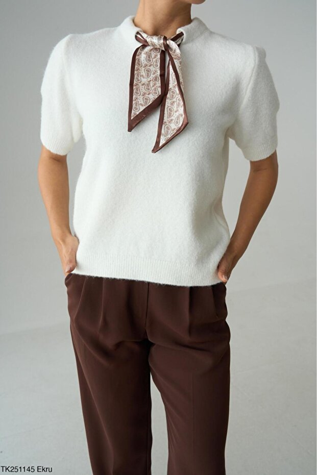 Women's Scarf Collar Short Sleeve Knit Sweater