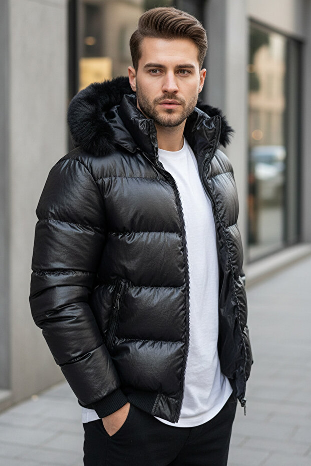 Men's Fur Detailed Puffer Coat