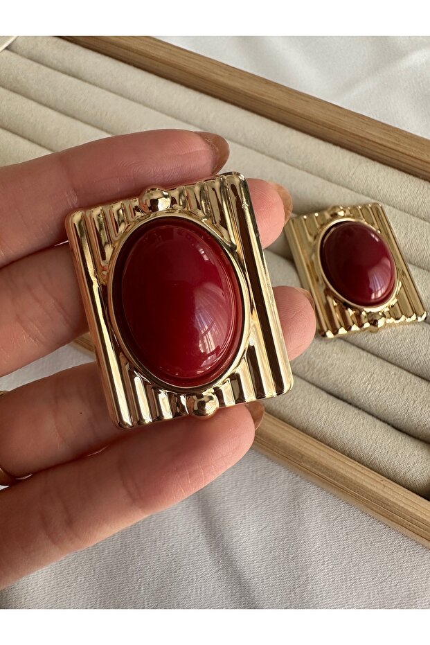 Large Stone Rectangular Burgundy Earrings - 3