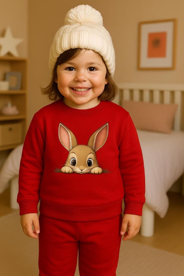 3-Ply Combed Cotton Children's Unisex Cute Hidden Rabbit Patterned Sweatshirt Ages 3-4-5-6-7-8-9-10-11-12