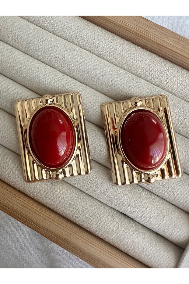 Large Stone Rectangular Burgundy Earrings - 1