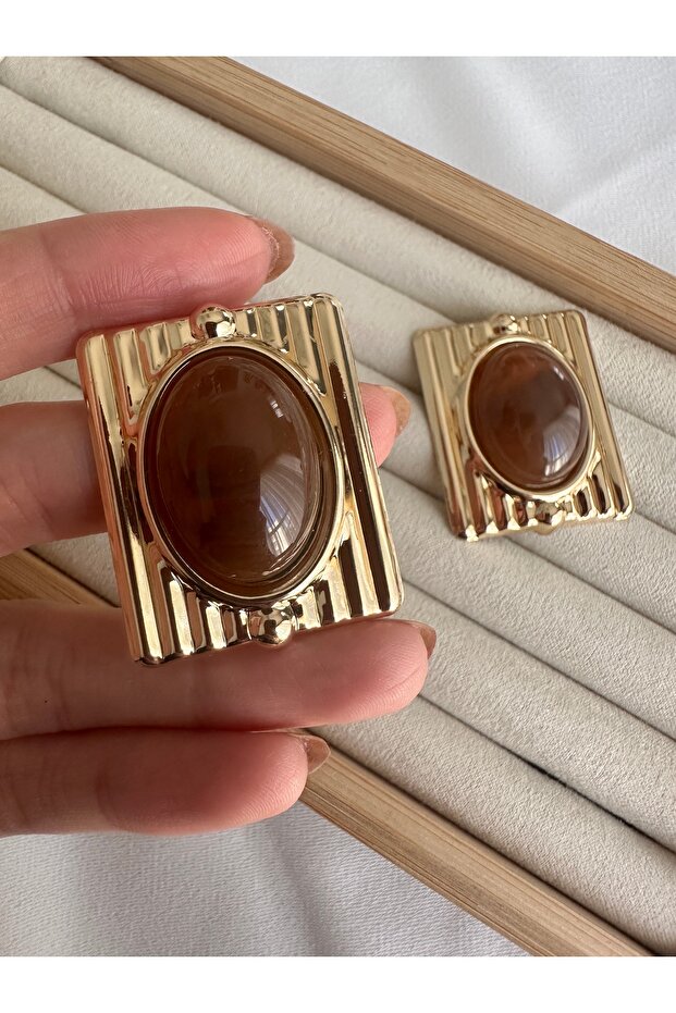 Rectangular Brown Earrings with Large Stones - 2