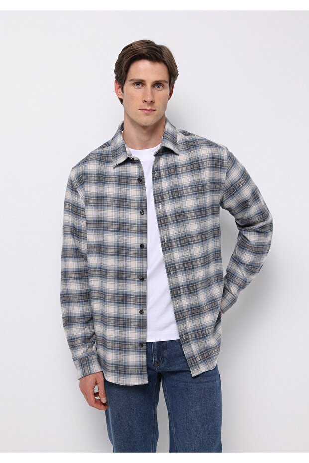 Regular Fit Shirt Neck Plaid Men's Blue Long Sleeve Shirt