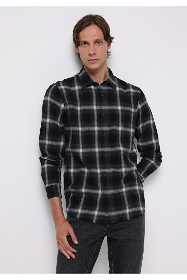 Regular Fit Shirt Neck Plaid Men's Navy Blue Long Sleeve Shirt