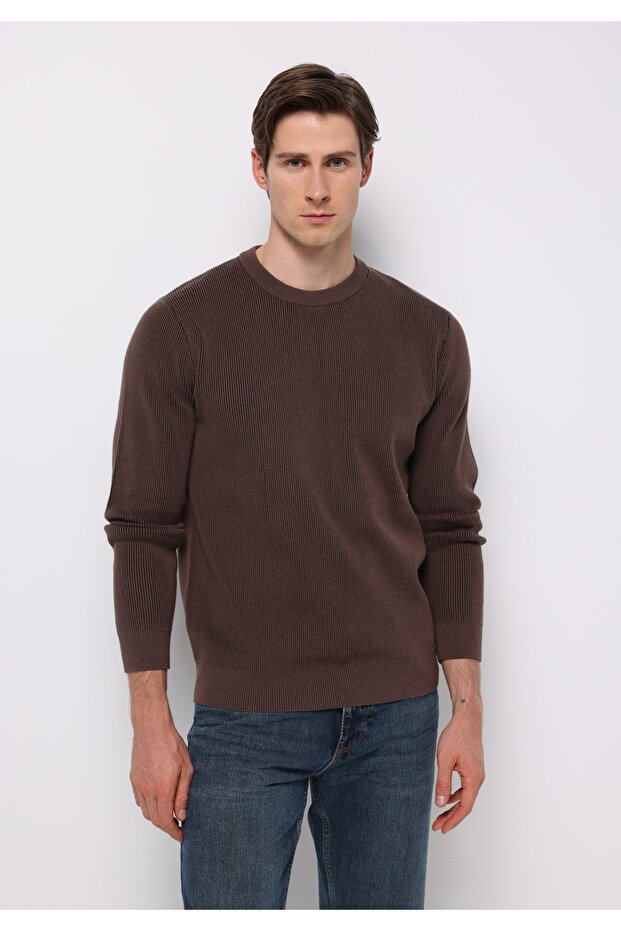 Regular Fit Yuvarlak Yaka Jakarlı Erkek Kahverengi Kazak - 1