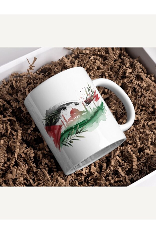 Palestine Themed Mug – Artistic Design with Olive Branches and Flag Colors
