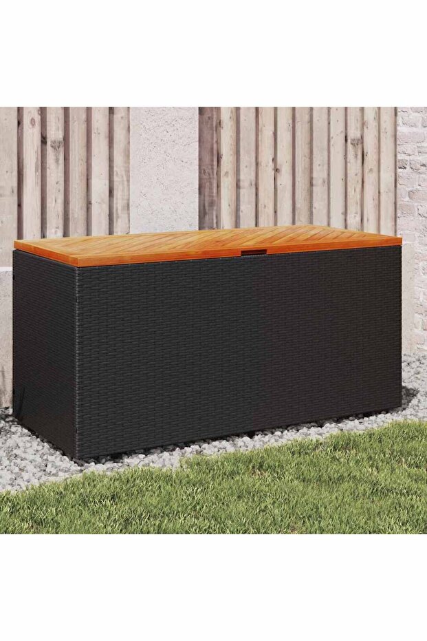 Garden Storage Box Black 110x50x54 cm Poly Rattan Acacia Wood