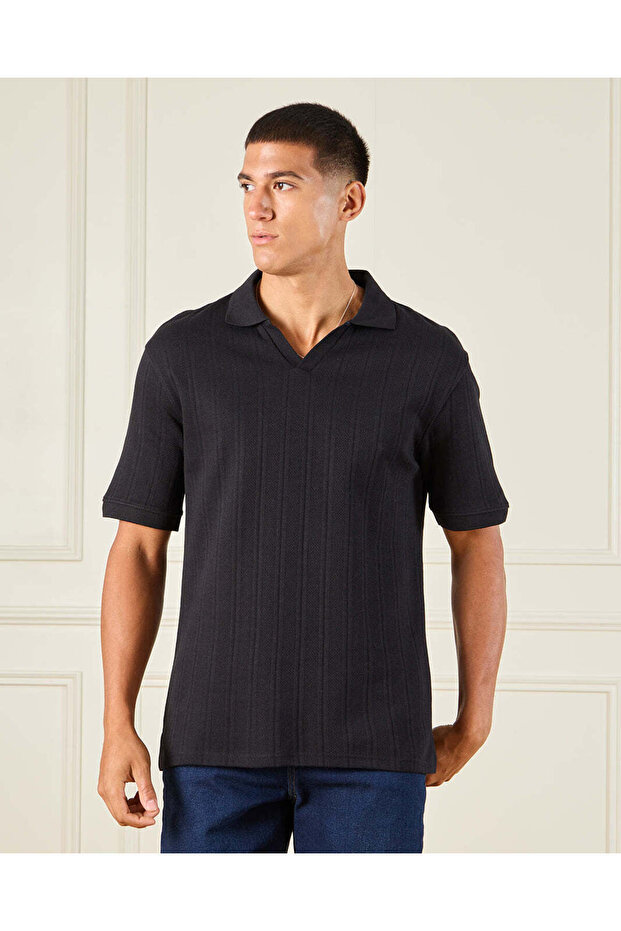 Men Black Jacquard Polo Shirt