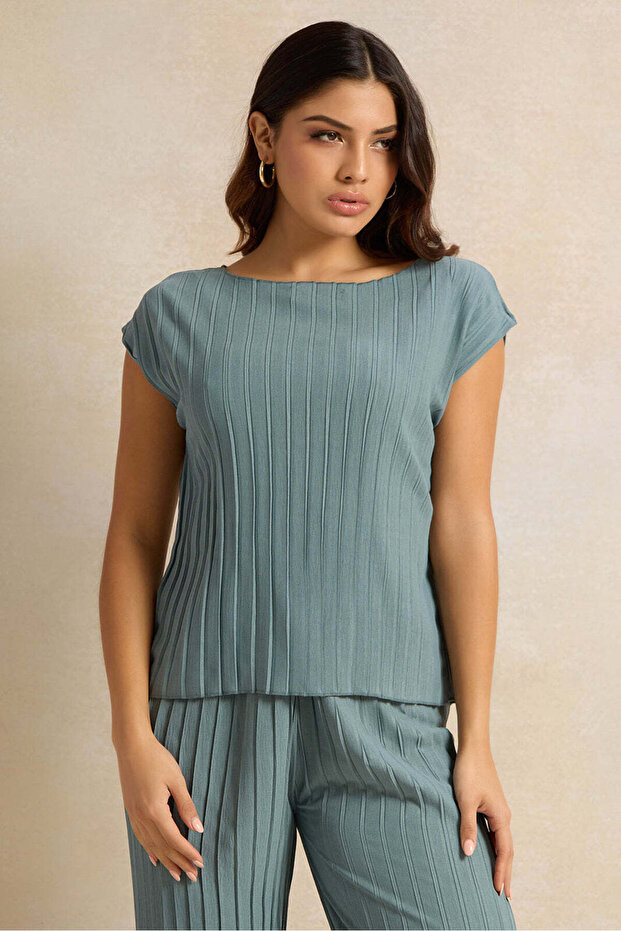 Women Blue Pleated Blouse