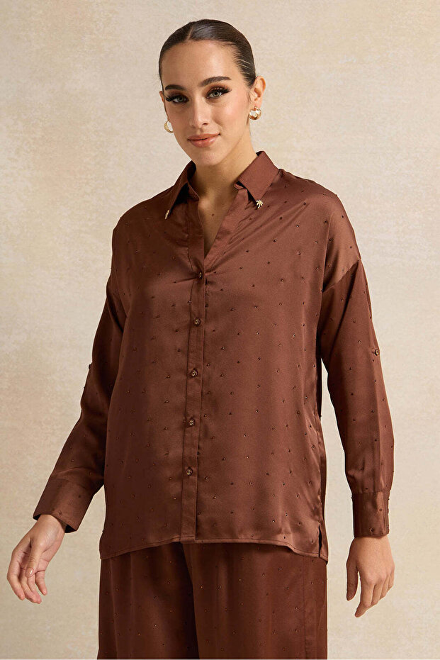 Women Brown Solid Collared Shirt