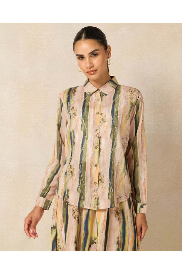 Women Beige Sequin Printed Shirt