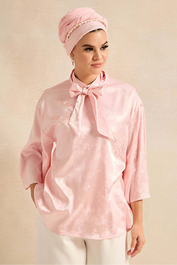 Women Pink Shirt With Front Neck Bow