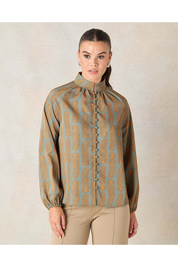 Women Mustard Printed Button Down Blouse