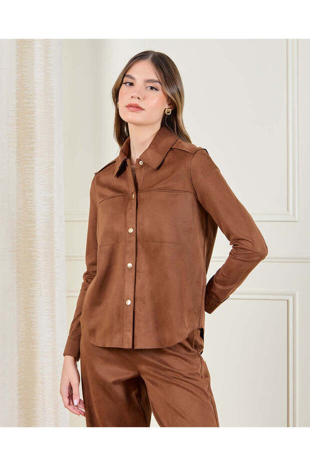 Women Brown Collared Shirt Blouse