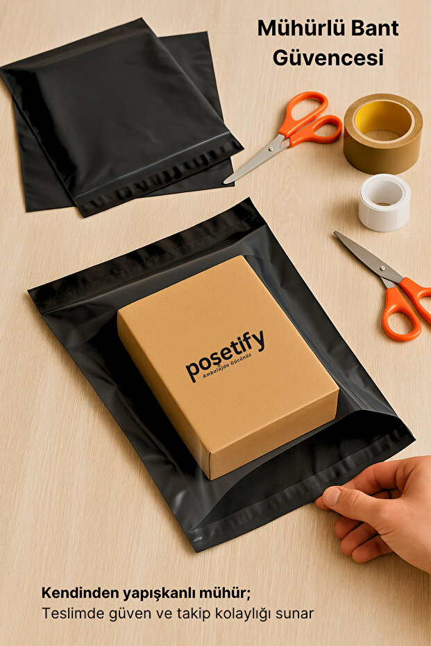 Tek Tarafı Şeffaf Kargo Poşeti 45X55X5 cm | 25 Adet | Siyah | Yapışkan Bantlı E-Ticaret Poşeti - 7