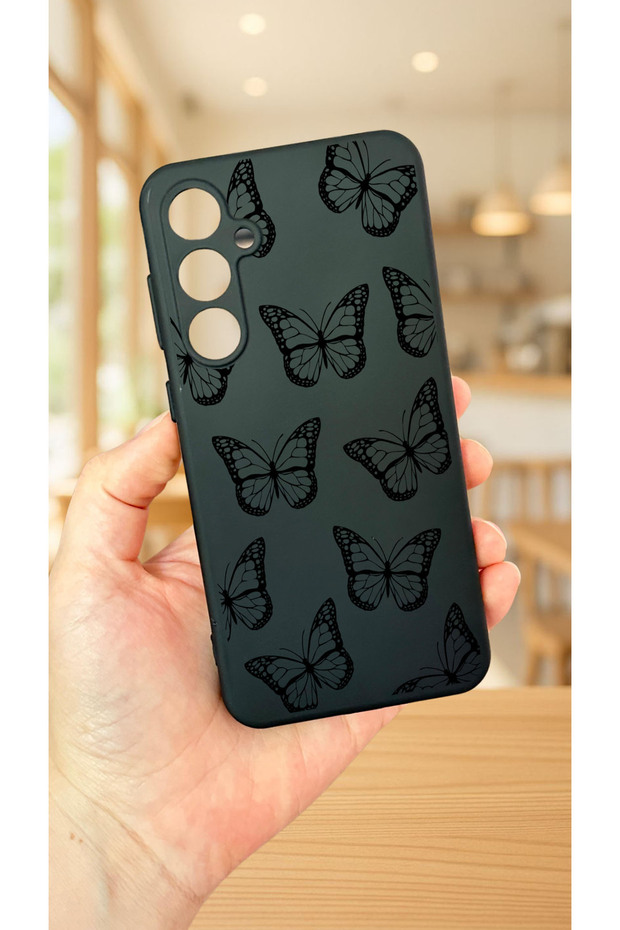 Samsung Galaxy S25 Black Butterfly Patterned Silicone Shock-Absorbing Classic Protective Rubber Case
