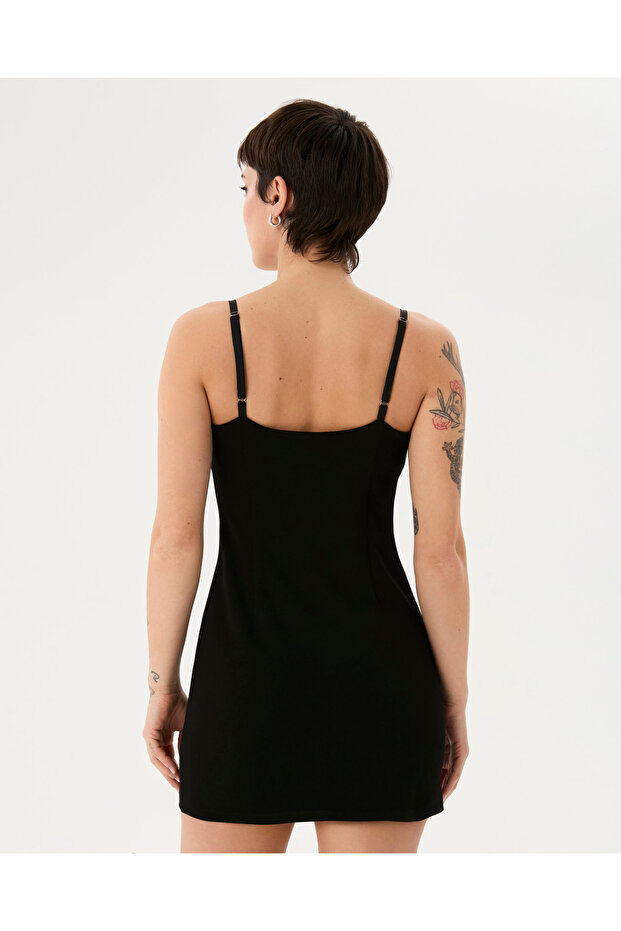 Siyah Basic Ecovero™ Viskoz Askılı Mini Elbise - 2