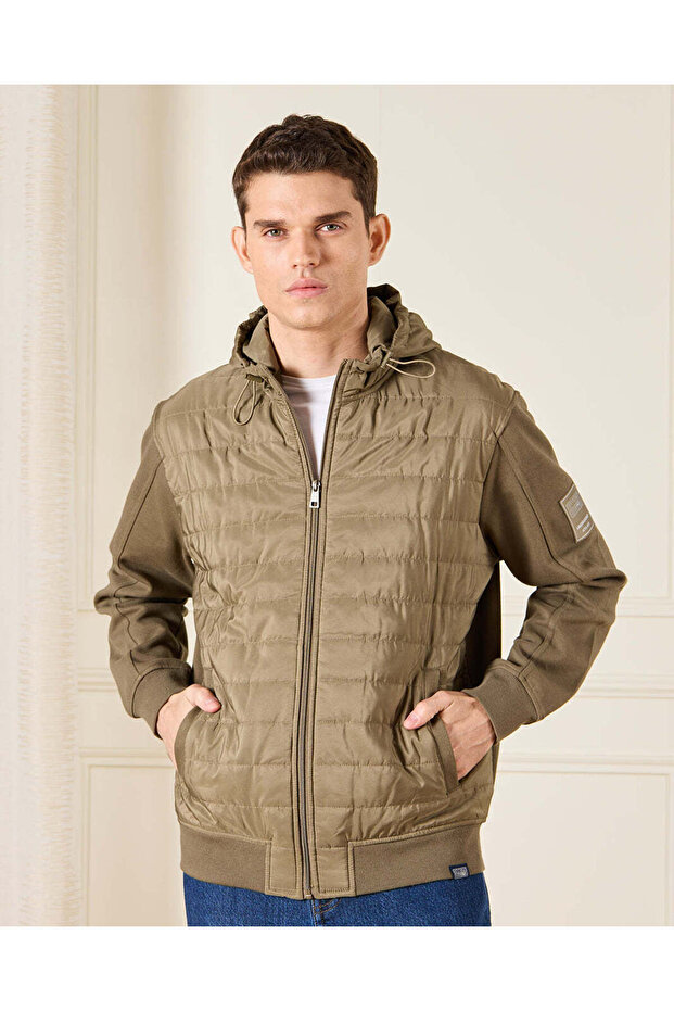 Men Brown Hooded Jacket With Knit Sleeves