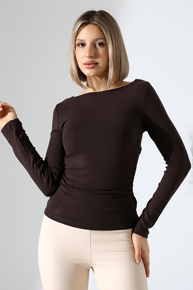 Long Sleeve Boat Neck Gathered Side Bodycon Basic Women's Body T-Shirt 21951 Brown