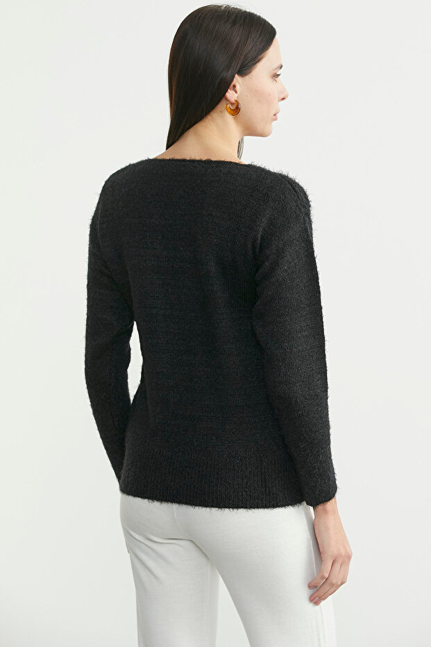 Yumoş V-Neck Basic Knit Sweater - Black - 4