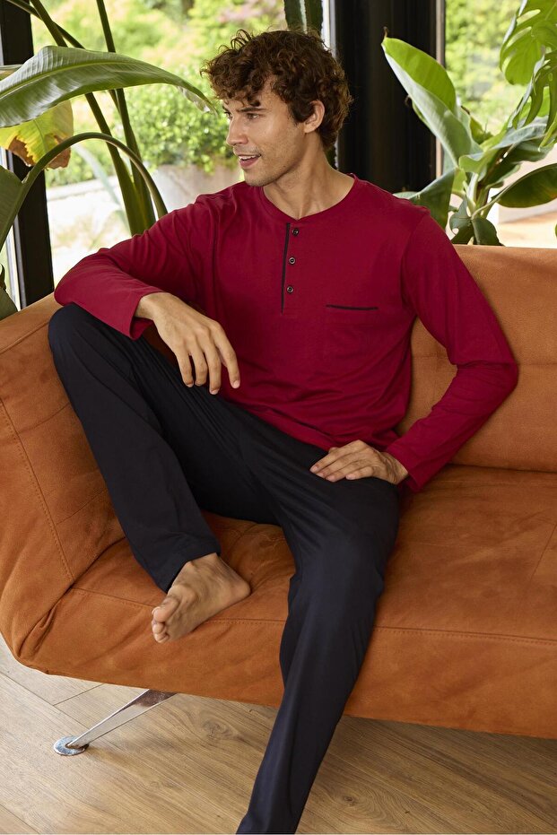 9250 Men's Four Seasons Midi Collar Long Sleeve Pajamas Set