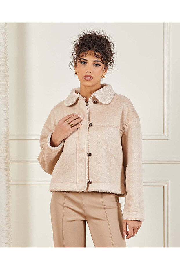 Women Beige Suede Fur Jacket