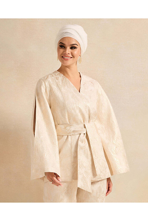 Women Beige Belted Open Front Shirt
