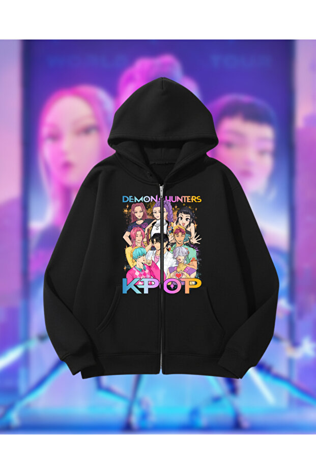 Kpop Demon Hunters Oversized Zippered Black Unisex Hooded Cardigan