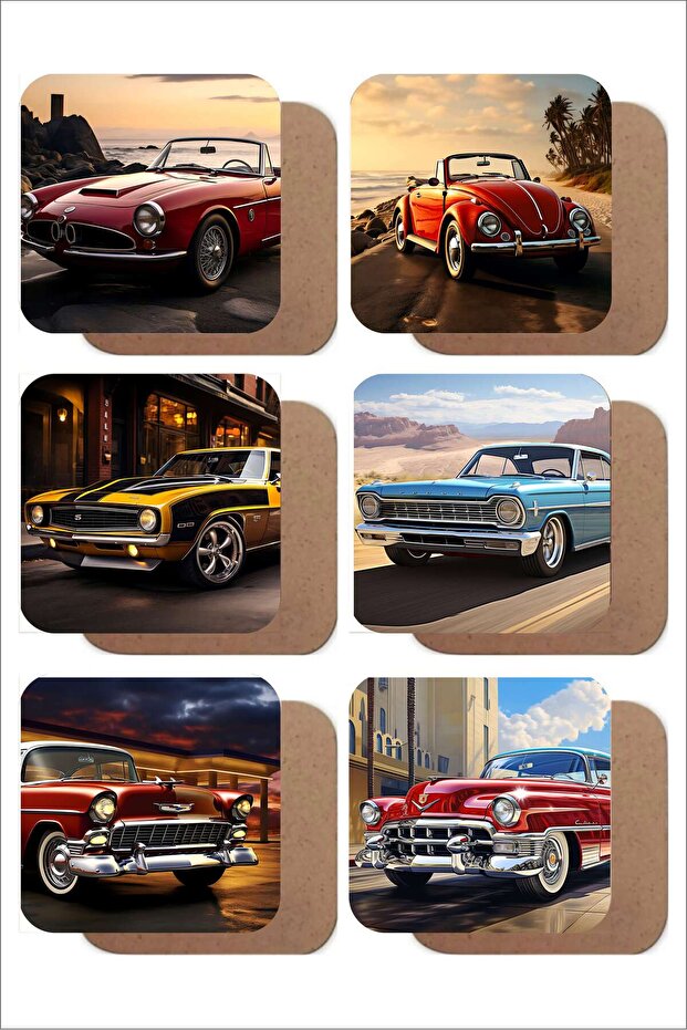 Classic Cars Set of 6 Mdf Uv Printing Coasters – Colorful Modern Design