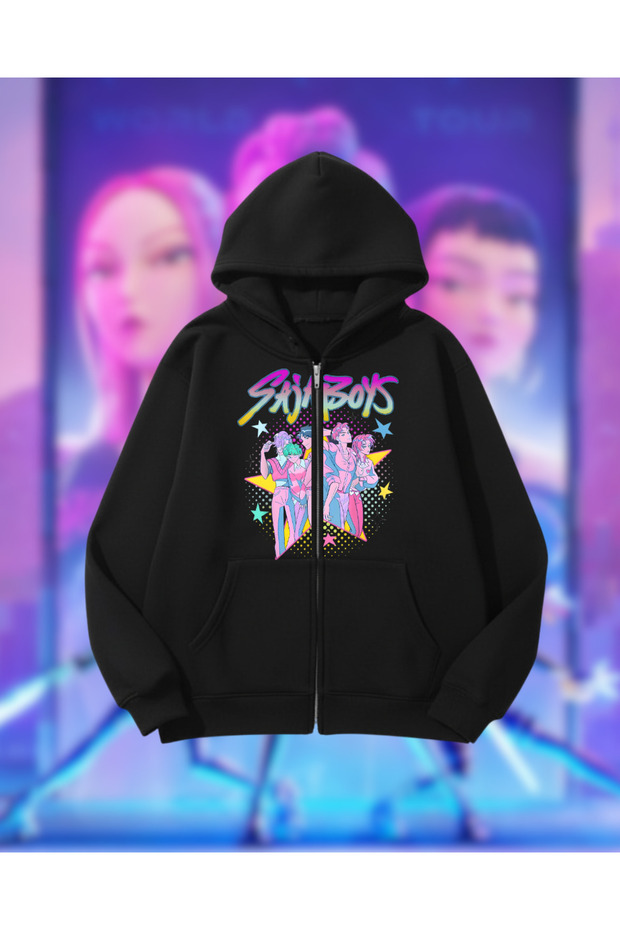 Kpop Demon Hunters Oversized Zippered Black Unisex Hooded Cardigan