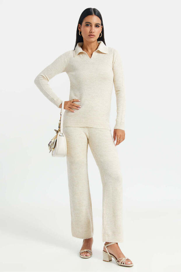 Women Beige Collared Pullover - 2