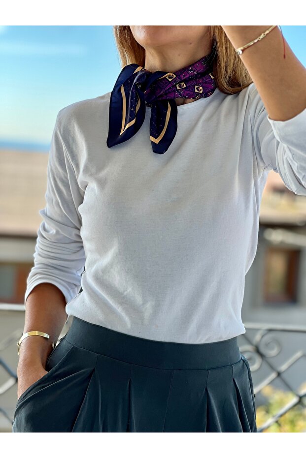 Navy purple patterned modal women's scarf bandana 50x50 cm standard size hair neck bag accessory