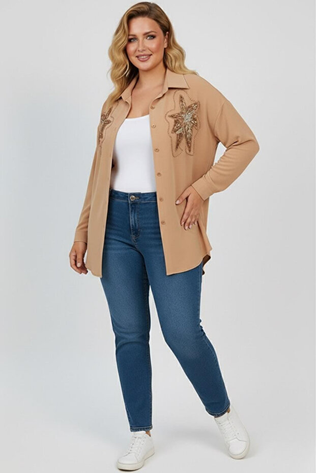 Women's Plus Size Sequin Embroidered Long Sleeve Shirt 1985-26