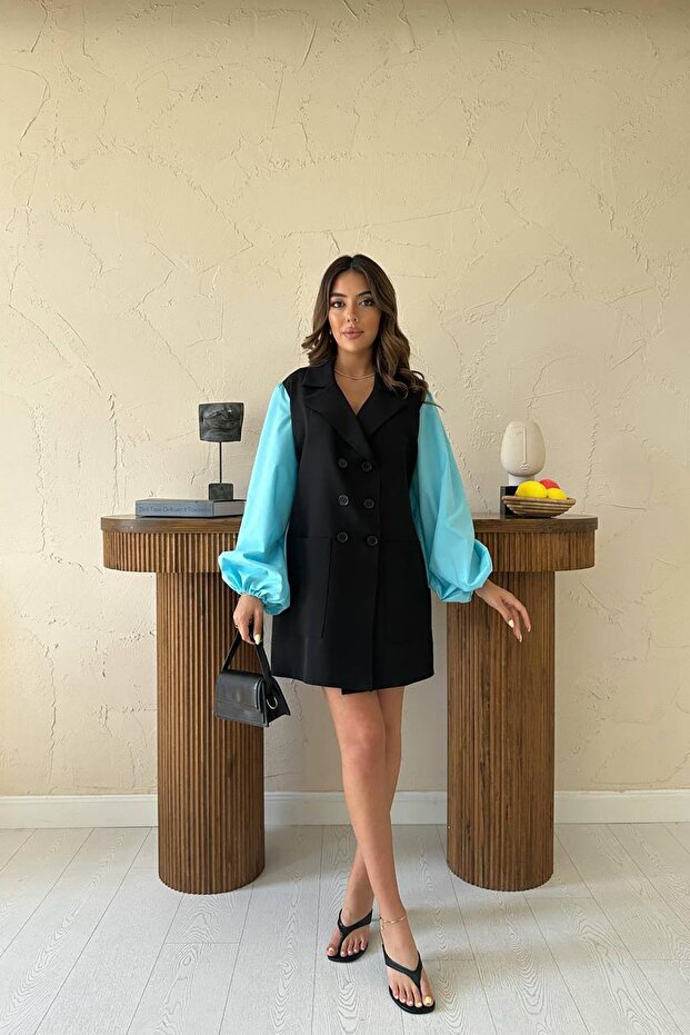 Siyah Mini Blazer Elbise - 1