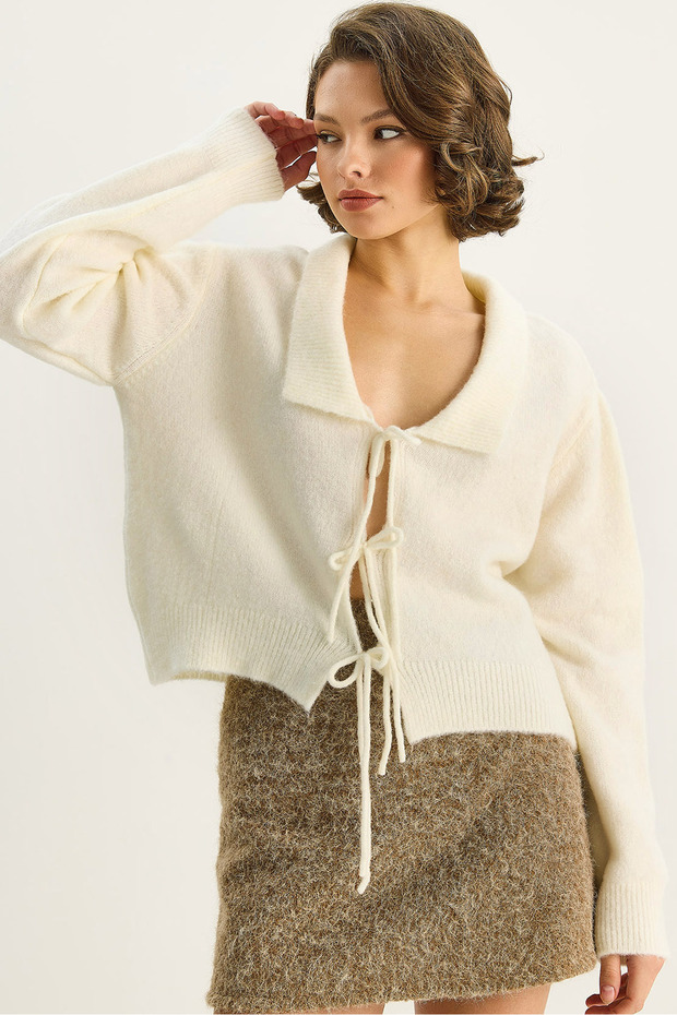 Women's Bone Collar Knitted Cardigan with Tie Detail 9061 60283751