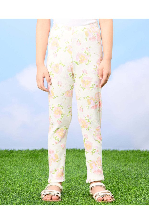 Girls White Floral Rib Leggings
