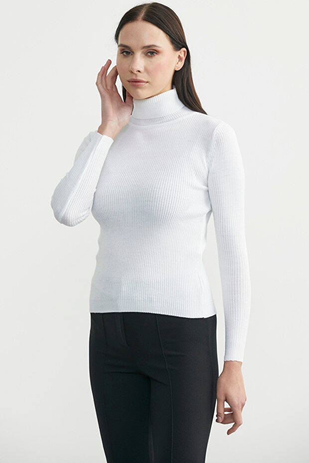 Tam Balıkçı Fitilli Basic Triko Kazak - Beyaz - 3