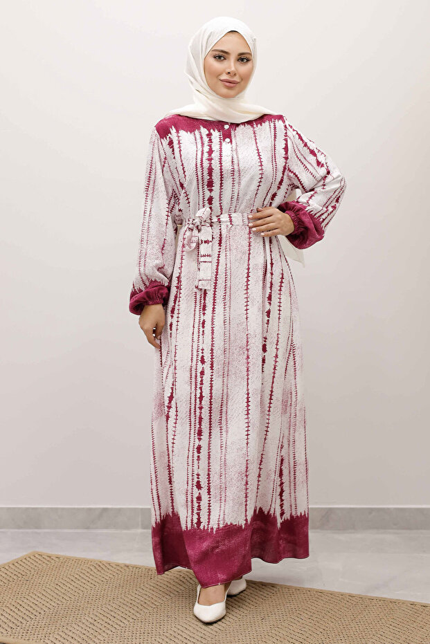 Batik Patterned Viscose Dress Tsd250229 Fuchsia