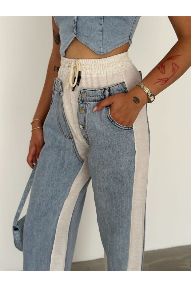 Women's Denim Side Linen Design Trousers