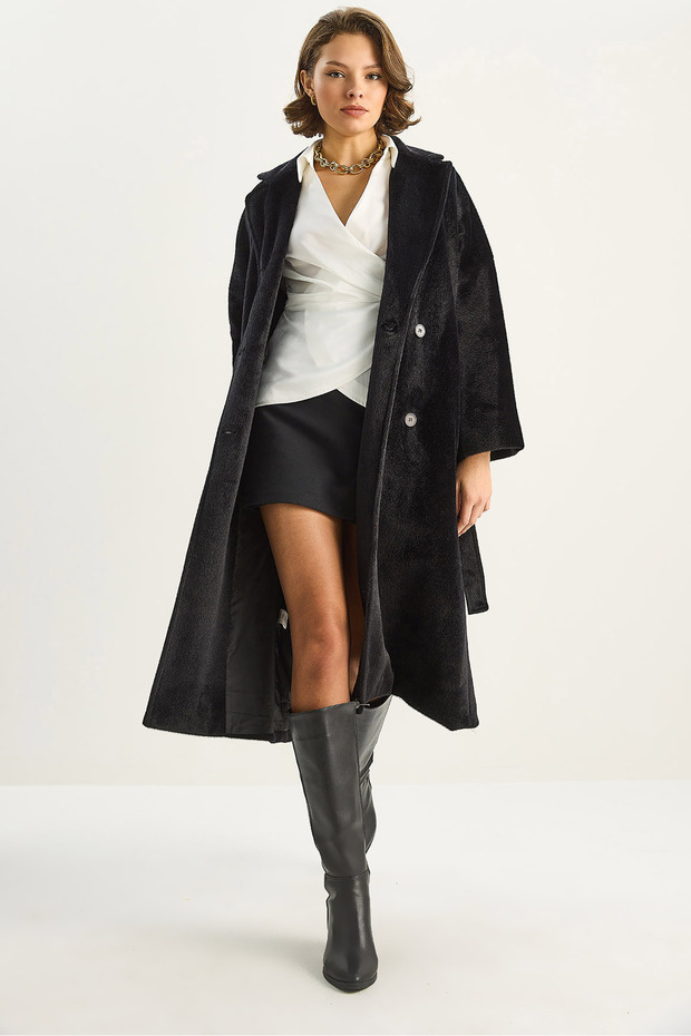 Women's Black Bearded Soft Textured Double Breasted Collar Lined Pocket Detailed Belted Coat 7021 60283753
