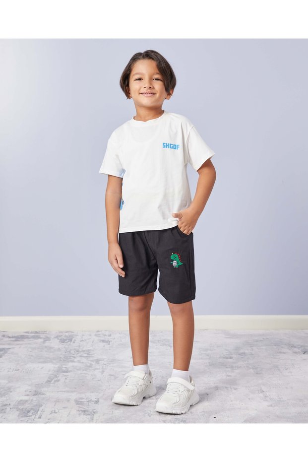 Boys White T-Shirt & Black Shorts Set (2-Piece)