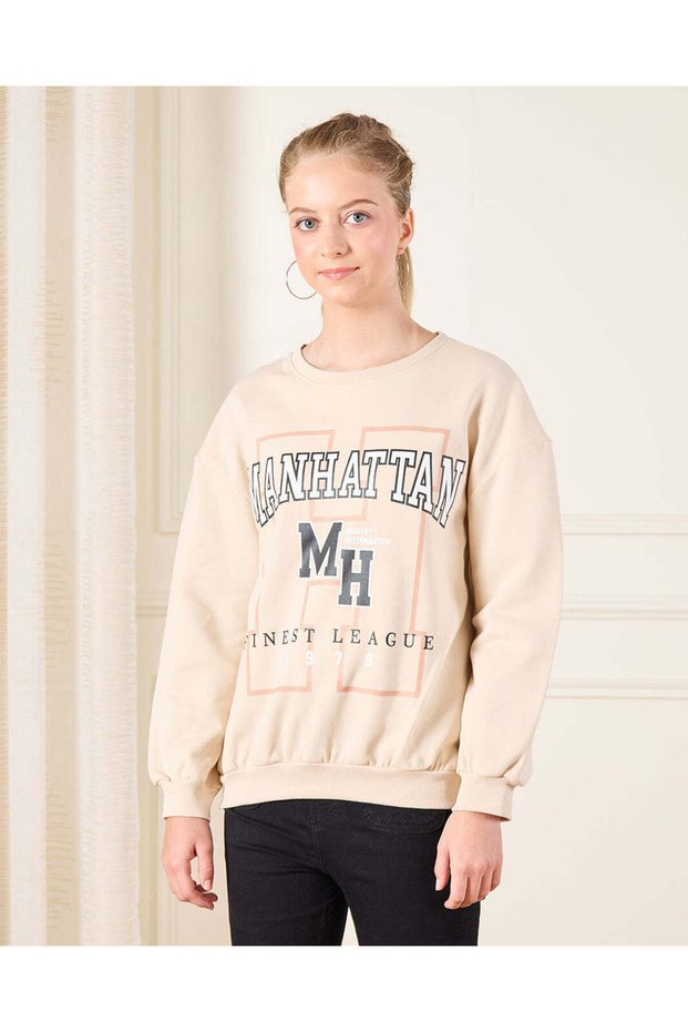 Senior Girls Beige Printed Basic Sweatshirt