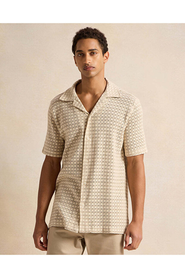 Men Beige Jacquard Casual Shirt