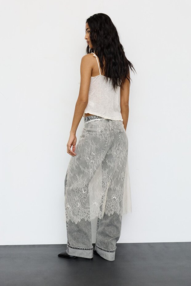 Dantelli midi etek - 2