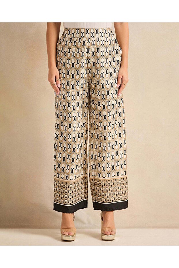 Women Beige Printed Wide Leg Trousers