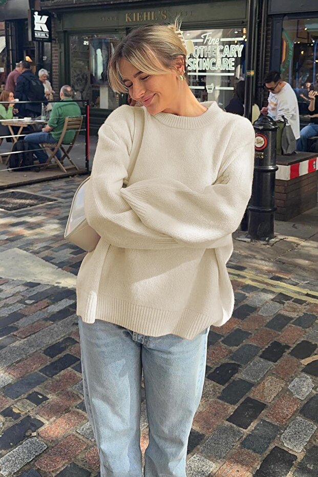Stone Crew Neck Soft Textured Oversized Knitwear Sweater